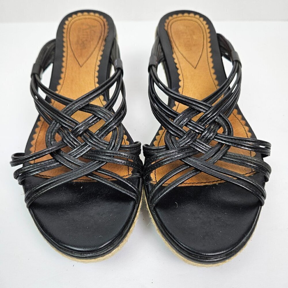 Clarks Artisan Black Leather Strappy Braided Espadrille Wedge Platform Sandal - Picture 4 of 12
